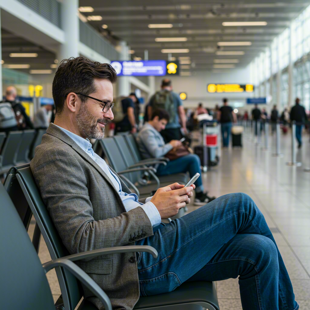 A calm traveler using their phone to figure out **how to handle flight delays** while other passengers wait in a long, stressful line